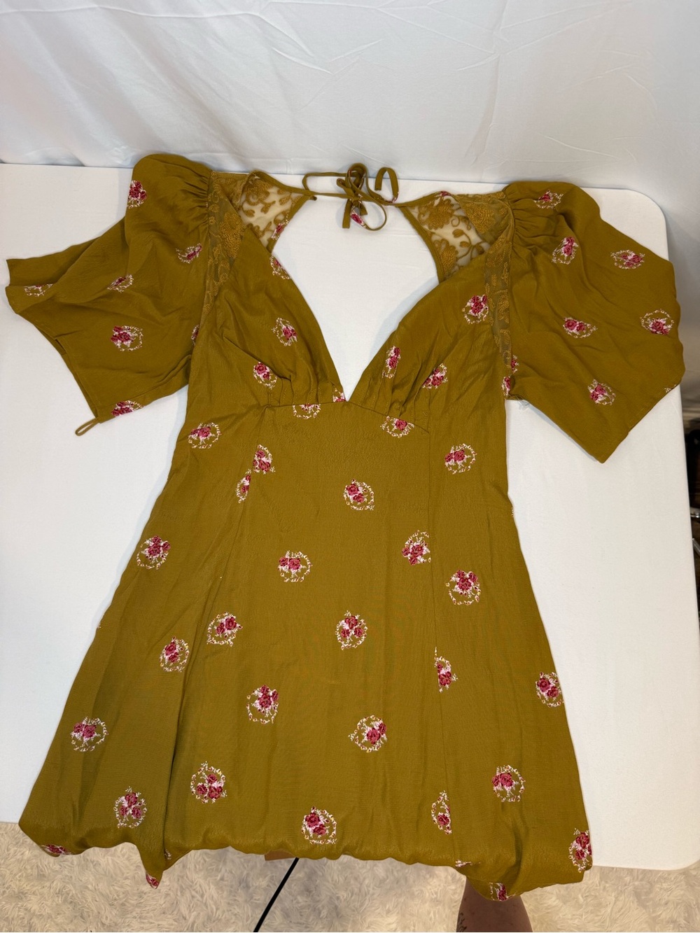Free People Olive Floral Split-Neck Dress with Pink Accents - Picture 4 of 5